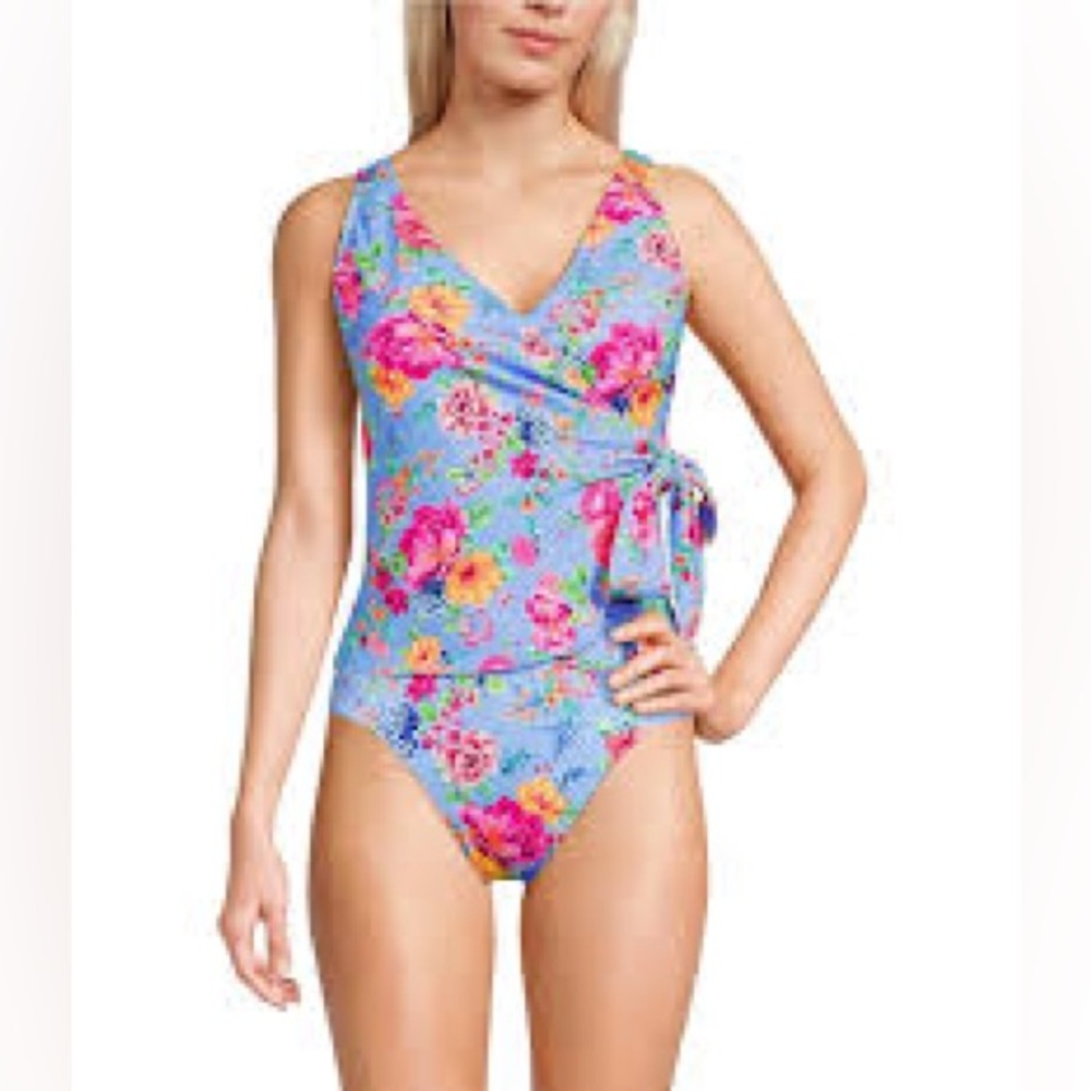 Lands' End Light Blue Floral Wrap-Accent Tankini Swimsuit
